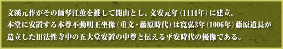 文溪元作がその師琴江薫を推して開山とし、文安元年(1444年)に建立。
本堂に安置する本尊不動明王坐像(重文・藤原時代)は寛弘3年(1006年)藤原道長が造立した旧法性寺中の五大堂安置の中尊と伝える平安時代の優像である。